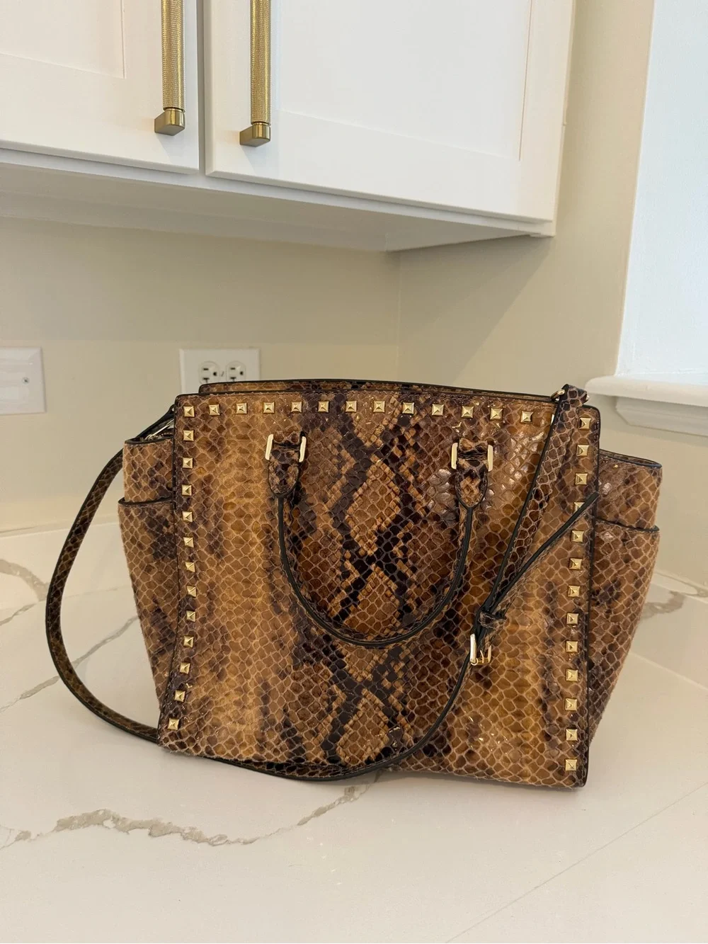 Michael Kors Brown Snake-Embossed Studded Satchel Crossbody Handbag